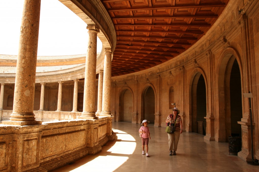 Syd and Kim walking in the Palace of Charles V in La Alhambra. 