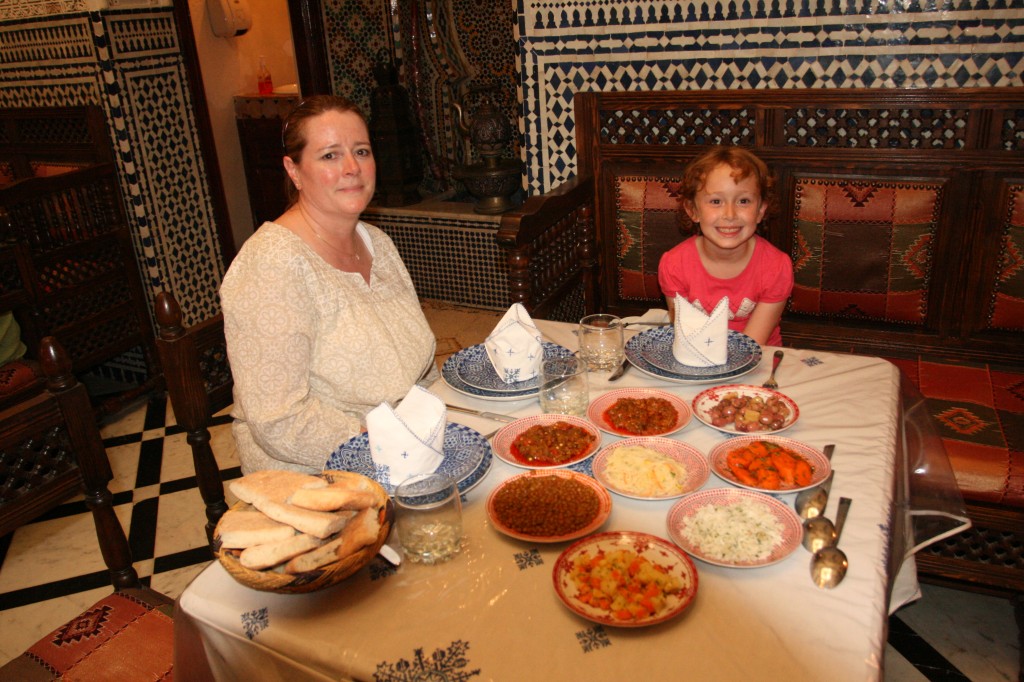 Kim and Sydney at Restaurant Ennajjarine in Fez, Morocco